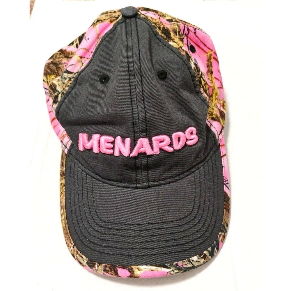 womens Menards Pink Camo Black Hat Adjustable Baseball Cap Hunting Outdoors